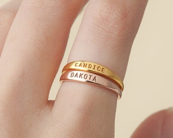 Dainty Ring With Name • Personalized Stacking Rings • Skinny Bar Ring  • Custom Engraved Ring • Mothers Day Gift• Stacking Ring Set