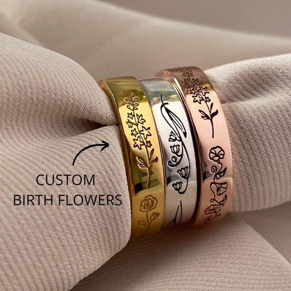 Anello con fiore di nascita, anello per la mamma inciso, regali per la mamma, anello di famiglia per la mamma, gioielli personalizzati per la mamma, regali per la mamma