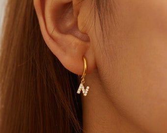 18k Gold Plated Alphabet Earrings, CZ Initial Earrings, Dangle Letter Earrings, Mothers Day Gift For Women, Customized Letter Huggies Hoop