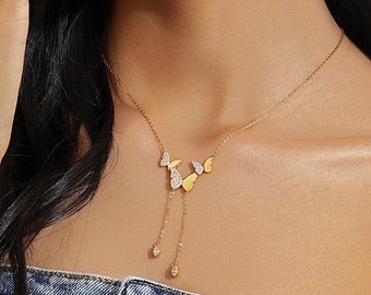 Collier papillon pavé, collier Lariat, collier pendentif papillon, cadeau pour elle, bijoux papillon, collier en couches