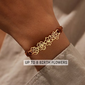 Pulsera de flor de nacimiento, joyería de ramo de flores, pulsera de flor de nacimiento familiar, joyería para mamá, regalo para mamá, regalo para mamá, cordón de cuero