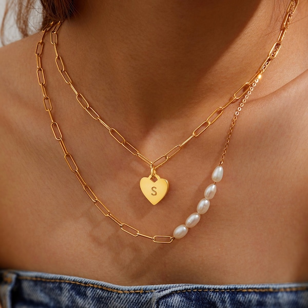 Heart Necklace with Initial, Mothers Day Necklace For Her,  Letter Heart Necklace, 18K Gold Initial Necklace, Paper Clip Chain Necklace