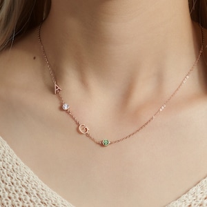 Sideway Initial Necklace, Initial And Birthstone Necklace, Multiple Initial Necklace, Mom Jewelry Gifts, Family Birthstone, Necklace For Mom