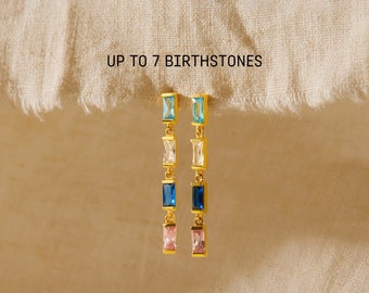 Boucles d'oreilles avec pierre de naissance pour maman, cadeaux personnalisés pour la fête des mères, boucles d'oreilles familiales avec pierre de naissance, pierre de naissance baguette, boucles d'oreilles pendantes avec pierre de naissance