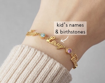 Bracelet prénoms avec pierre de naissance, bracelet pour maman, bracelets noms multiples, bijoux mère, cadeau fête des mères pour maman, bracelet prénoms personnalisé