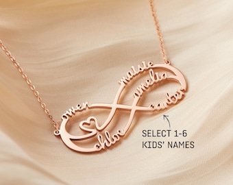 Collier pour maman avec noms d'enfants, collier prénom infini, collier 6 prénoms, cadeau personnalisé pour une mère, bijoux pour la fête des mères