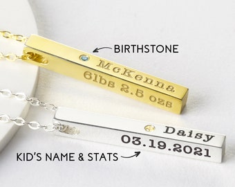 New Mother Jewelry, Bar Name Necklace, Baby Stats Necklace, First Time Mom Gift, New Mom Necklace, Baby Shower Gift, Mothers Day Gift