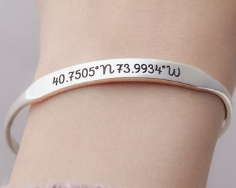 Custom Coordinates Jewelry • Gold Coordinates Bracelet • Tapered Coordinates Cuff • Gift For Her • Latitude Longitude Jewelry