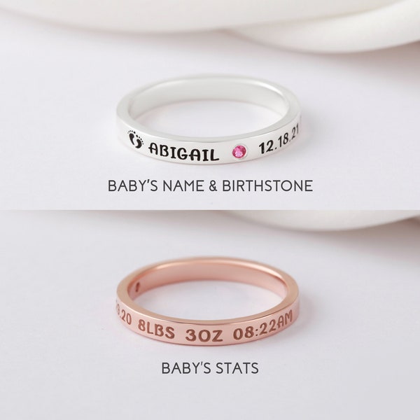 Nieuwe moeder geschenken, nieuwe moeder ring, baby shower cadeau, eerste Moederdag cadeaus, baby statistieken ring, nieuwe moeder sieraden, push aanwezig voor nieuwe moeder