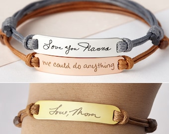 Leather Handwritten Bracelet, Mothers Day Custom Gift, Signature Jewelry, Handwritten Jewelry, In Memory of Mom, Silver Signature Bracelet