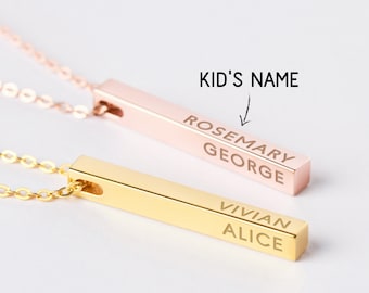 Personalized Necklace For Mom, 3 4 Kids Necklace, Personalized Mom Necklace, Mom Jewelry Gift, 3D Bar, 4 Sided, Mother's Day Gift For Mom