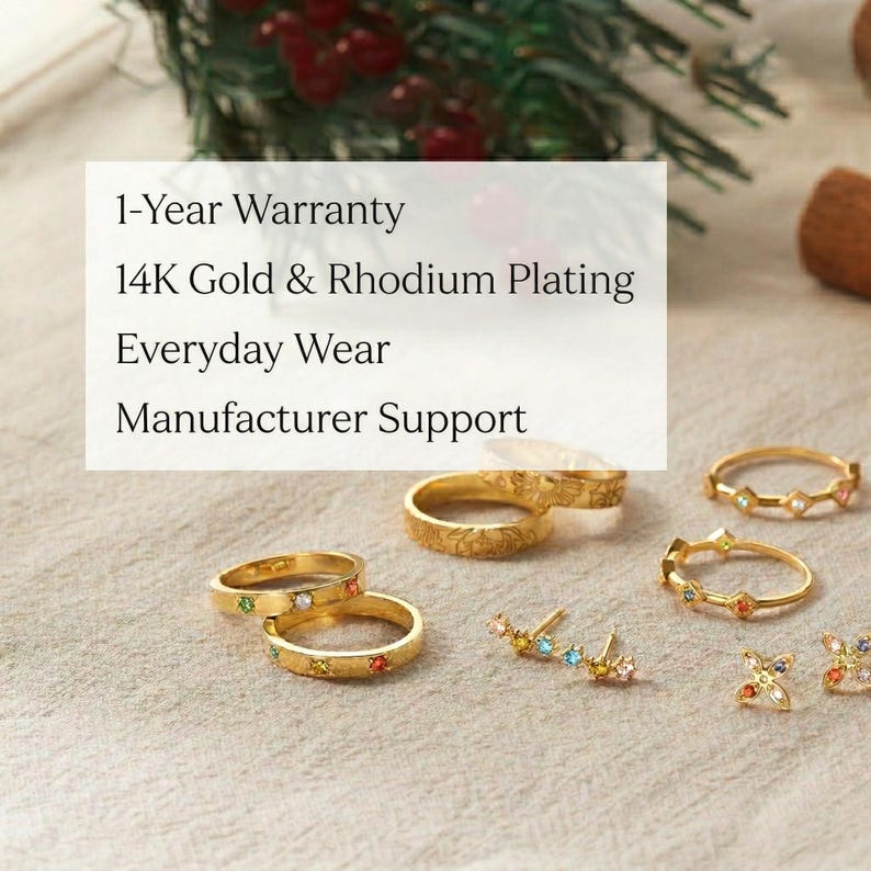 May include: Gold-toned rings and earrings featuring small multicolored gemstones. Text on the image reads: 1-Year Warranty, 14K Gold & Rhodium Plating, Everyday Wear, Manufacturer Support. The jewelry pieces include bands with floral patterns and delicate studs.