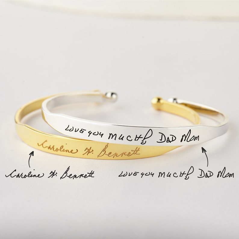 Gegraveerde handschriftarmbanden, gouden handtekeningarmband, Moederdagcadeau, Memorial Gift, Handgeschreven Manchetarmband, Handgeschreven sieraden afbeelding 4