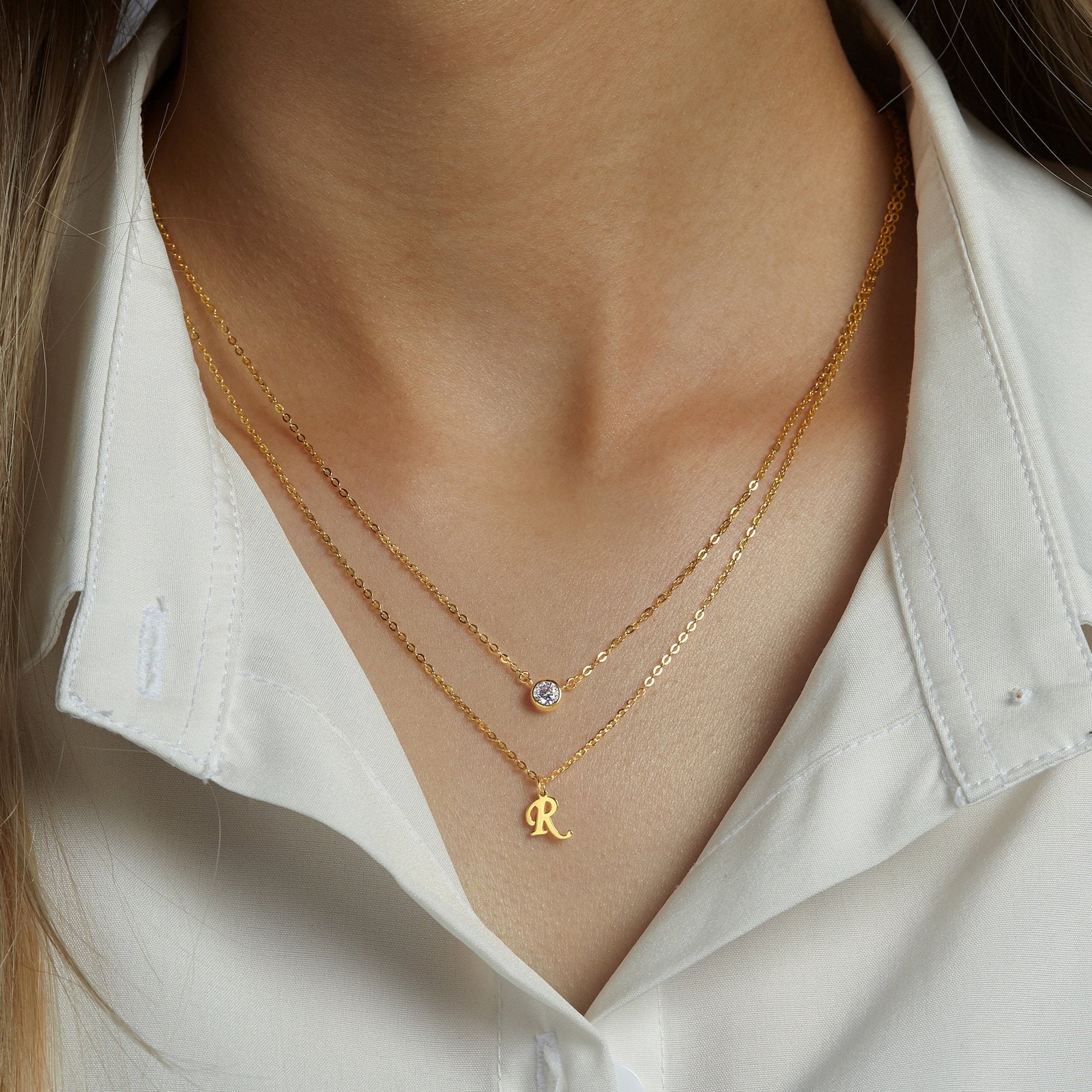 Birthstone Initial Necklace Gold 