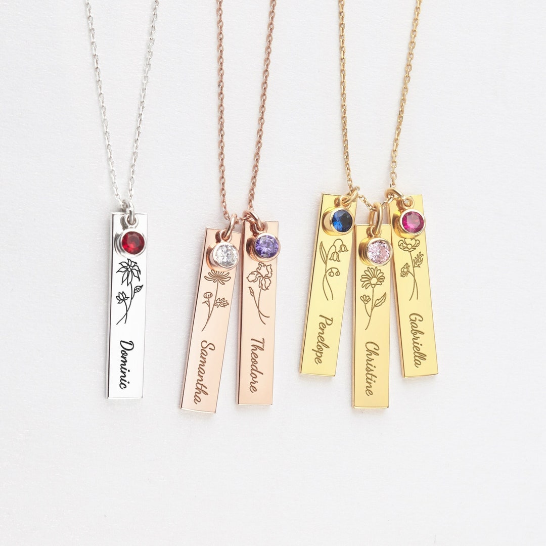 Personalized Birth Flower Necklace With Name, Children Name Necklace ...