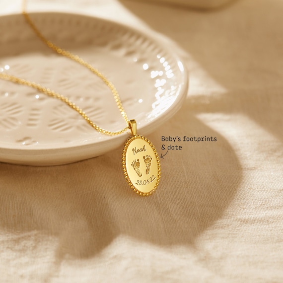 Baby Footprint Oval Charm Necklace - Sterling Silver