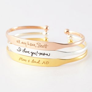 Engraved Handwriting Bracelets, Gold Signature Bracelet, Mothers Day Gift, Memorial Gift, Handwritten Cuff Bracelet, Handwritten Jewelry image 1