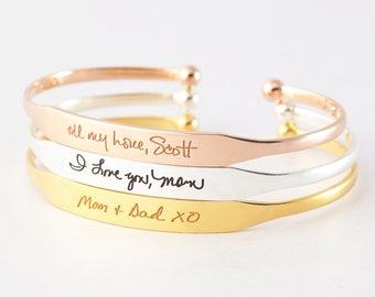 Engraved Handwriting Bracelets, Gold Signature Bracelet, Mothers Day Gift, Memorial Gift, Handwritten Cuff Bracelet, Handwritten Jewelry