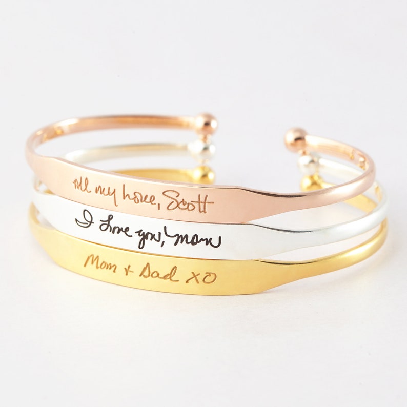 Engraved Handwriting Bracelets, Gold Signature Bracelet, Mothers Day Gift, Memorial Gift, Handwritten Cuff Bracelet, Handwritten Jewelry image 1