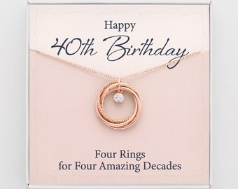 40th Birthday Gift For Her, 40th Birthday Gift For Women, 4 Rings for 4 Decades, Happy 40th Birthday, Interlocking Rings with Birthstone