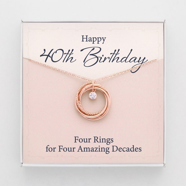 40th Birthday Gift For Her, 40th Birthday Gift For Women, 4 Rings for 4 Decades, Happy 40th Birthday, Interlocking Rings with Birthstone