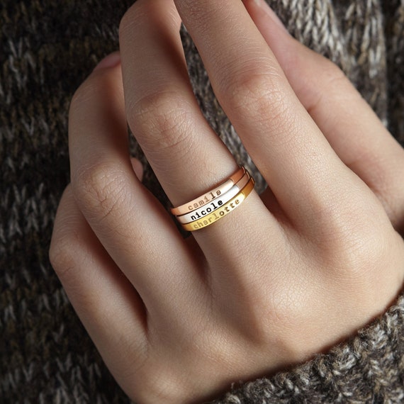 Name and Birthstone Stacking Rings in Gold Plating by Talisa