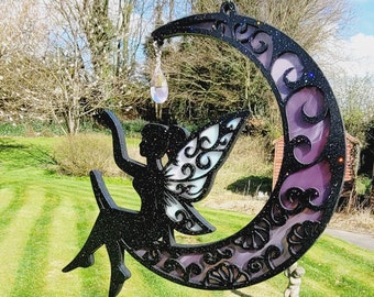 Magical Fairy Moon Glass Suncatcher - Handcrafted Stained Glass Art for Home Decor