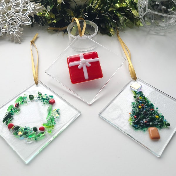 Christmas tree decorations set fused glass Holly Wreath, Fir Tree, and a Present