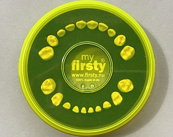 Baby Tooth Box - Fluorescent Yellow/Black - Boy/Girl - Firsty Round Fluor - Inluding Logbooklet English, Fridge Magnet and Hurray-Sticker