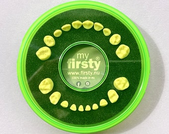 Baby Tooth Box - Fluorescent Green/Black - Boy/Girl - Firsty Round Fluor - Including Logbooklet English, Fridge Magnet, Hurray-Sticker