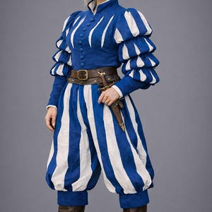May include: A blue and white striped Renaissance-style costume. The outfit includes a high-collared jacket with puffy sleeves, matching trousers, a brown belt, and brown boots. A black beret with a feather and a dagger complete the ensemble.