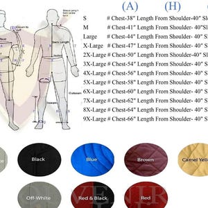 K&ouml;nnte beinhalten: Eine Gr&ouml;&szlig;entabelle f&uuml;r Kleidung mit einer schematischen Darstellung einer menschlichen Figur, beschrifteten Ma&szlig;en und einer Tabelle f&uuml;r die Gr&ouml;&szlig;en S bis 9X mit Brust-, L&auml;ngen- und &Auml;rmelma&szlig;en in Zoll. Darunter befinden sich kreisf&ouml;rmige Farbmuster.