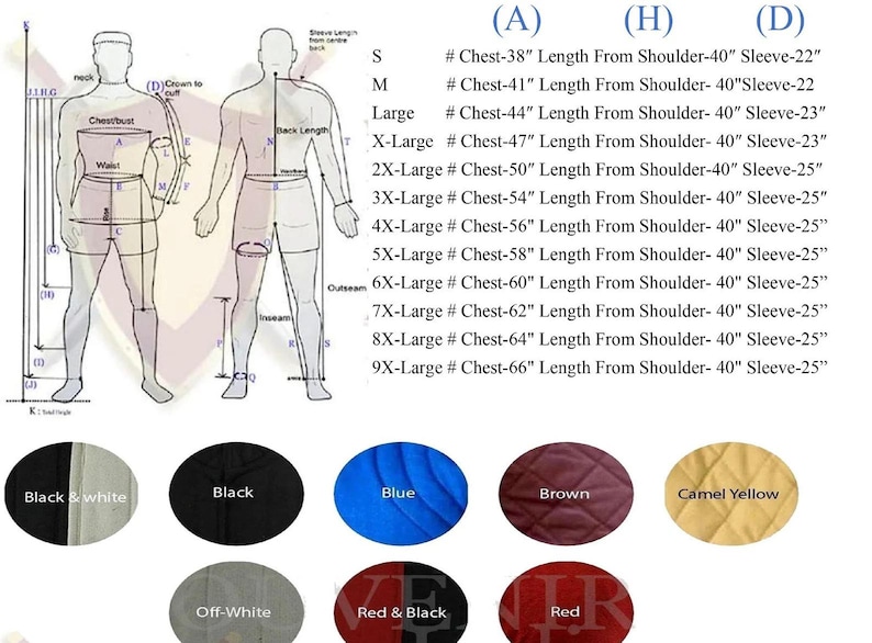 K&ouml;nnte beinhalten: Eine Gr&ouml;&szlig;entabelle f&uuml;r Kleidung mit einer schematischen Darstellung einer menschlichen Figur, beschrifteten Ma&szlig;en und einer Tabelle f&uuml;r die Gr&ouml;&szlig;en S bis 9X mit Brust-, L&auml;ngen- und &Auml;rmelma&szlig;en in Zoll. Darunter befinden sich kreisf&ouml;rmige Farbmuster.