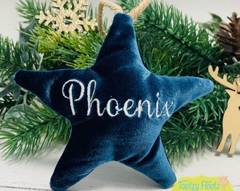 Personalised Velvet Christmas Star Ornament, Velvet Star for Christmas Tree, Baby First Christmas Ornament, Personalised Baubles