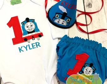 Blue Talking Train Themed Birthday Outfit, Cake Smash Set, Personalised Embroidered Birthday Outfit, Birthday Keepsake