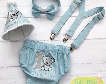 Birthday Cakesmash Set Teddy Bear Theme | Pale Blue and Grey Theme | First Birthday Outfit | Cake smash outfit | Turning ONE | Birthday