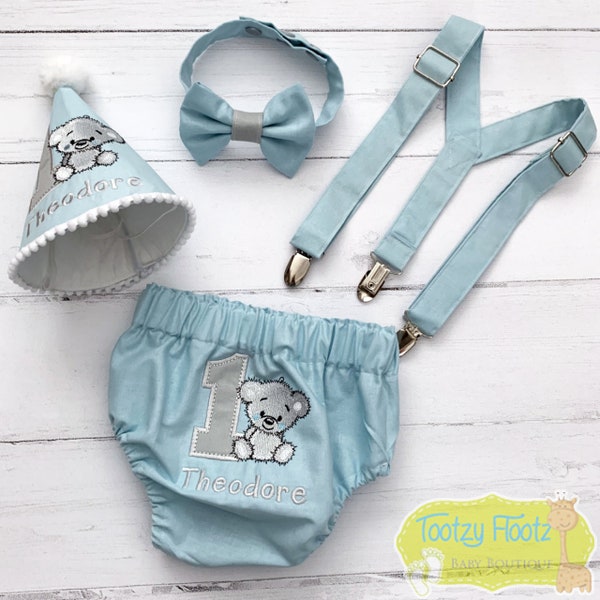 Birthday Cakesmash Set Teddy Bear Theme | Pale Blue and Grey Theme | First Birthday Outfit | Cake smash outfit | Turning ONE | Birthday
