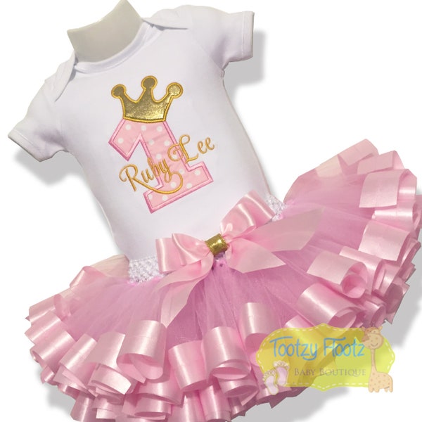 Baby Pink Ribbon Trim Tutu Set, First Birthday Party Outfit, Pink Birthday, Gold Party, First Birthday Princess Party