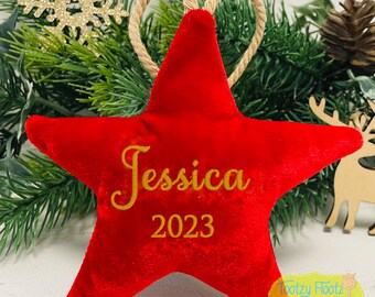 Décoration personnalisée étoile de Noël en velours, étoile en velours pour sapin de Noël, première décoration de Noël de bébé, boules de Noël personnalisées