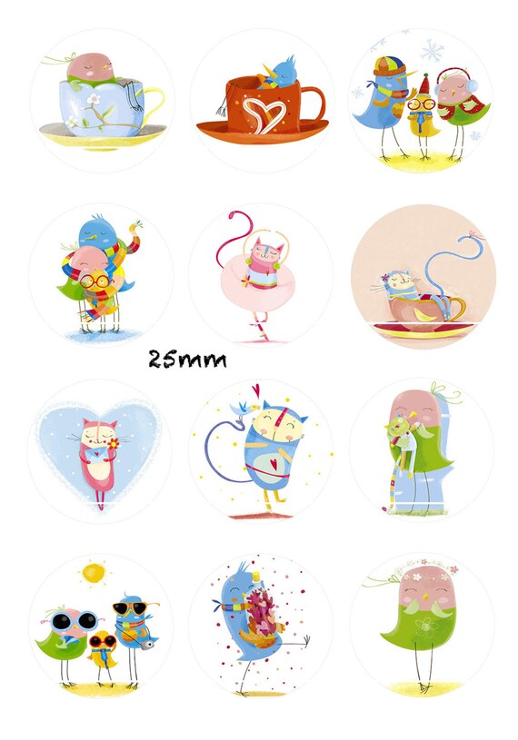 Ct25 Chat Et Oiseau 12 Imagesdessins Digitales Pour Cabochon 3025201816151412108 Mm Rondcarréovale