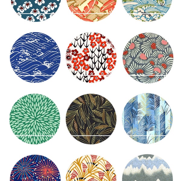 CT371 Motif Japonais Floral 12 Images/Dessins digitales pour cabochon 25mm Rond