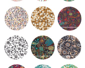 CT01 Floral Patterns on Vintage Fabric 12 Images/Digital Drawings for Cabochon 30/25/20/18/16/15/14/12/10/8 mm Rond/Carré/Oval