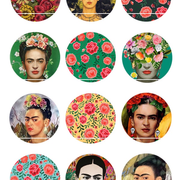 CT381 Frida&fleurs mexicains 12 Images/Dessins/collages/Scrapbooking digitales pour cabochon 30/25/20/18/16/15/14/12/10/8mm Rond/Carré/Ovale