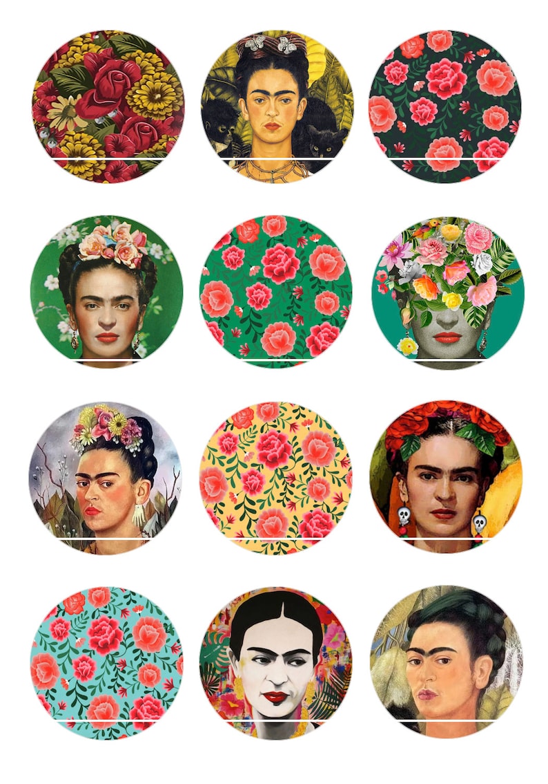 CT381 Frida & Mexican flowers 12 Digital Images/Drawings/collages/Scrapbooking for cabochon 30/25/20/18/16/15/14/12/10/8mm Round/Square/Oval image 1