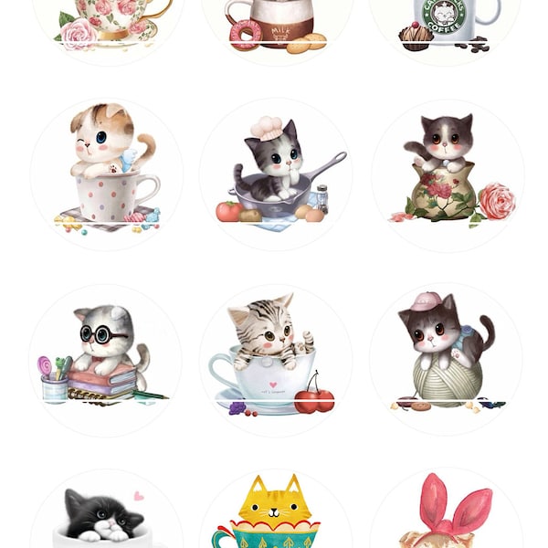 CT34 Chaton dans les tasses 12 Images/Dessins digitales pour cabochon 25/20/18/16/15/14/12/10/8 mm Rond/Carré/Ovale