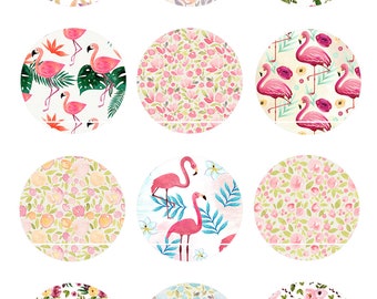 CT358 Flamant rose et Fleur 12 Images/Dessins/collages/Scrapbooking digitales pour cabochon 30/25/20/18/16/15/14/12/10/8 mm Rond/Carré/Ovale