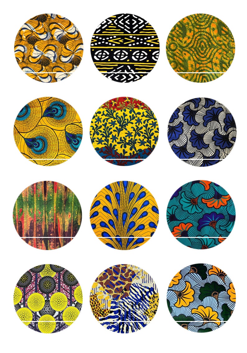 CT367 African Ethnic Wax Patterns 12 Digital Images/Drawings for cabochon 30/25/20/18/16/15/14/12/10/8 mm Round/Square/Oval image 1