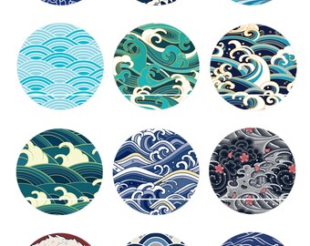 CT377 Vagues Japonaises 12 Images/Dessins/collages/Scrapbooking digitales pour cabochon 30/25/20/18/16/15/14/12/10/8 mm Rond/Carré/Ovale