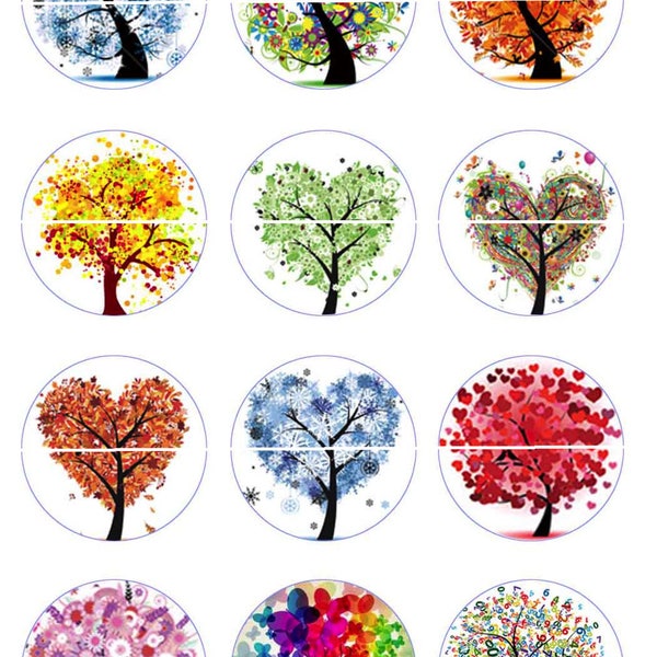 HH-Arbres en coeur 12 Images/Dessins digitales pour cabochon 30/25/20/18/16/15/14/12/10/8 mm Rond/Ovale