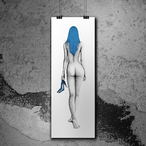 May include: A black and white illustration of a person with blue hair walking away from the viewer, holding a blue shoe in their right hand.